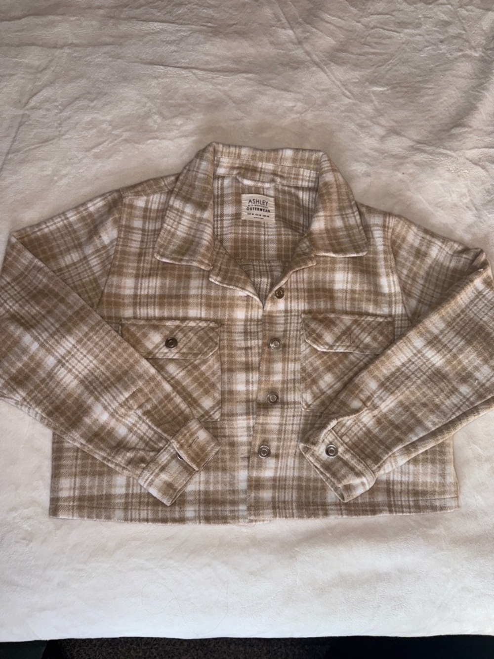 Ashley By 26 International Beige and White Plaid Cropped Shacket